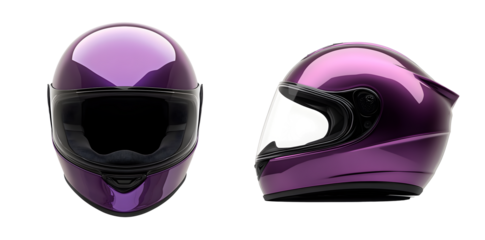 Purple Motorcycle Helmet Displayed from Front and Side Angles, Dual-Angle View of Sleek Purple Motorcycle Helmet