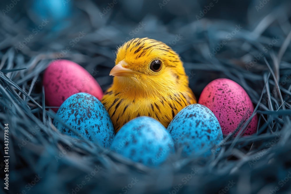 Poster easter chaos and style captured in an image featuring a bird and apple as prominent visual elements.