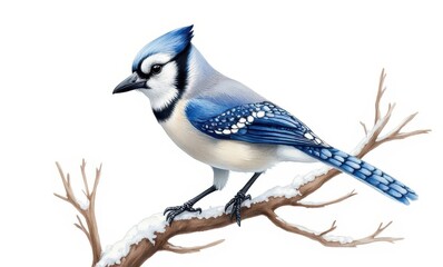 Blue jay perched on snowy branch