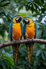 Naklejka premium two colorful birds sitting on a branch with leaves in the background
