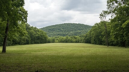 Obraz premium A serene landscape featuring a grassy field surrounded by trees and a distant hill under cloudy skies.