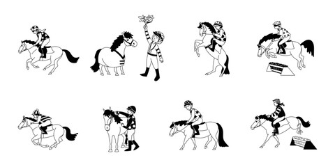 Set of black and white line drawings depicting jockeys riding, jumping, and caring for ponies in various equestrian activities
