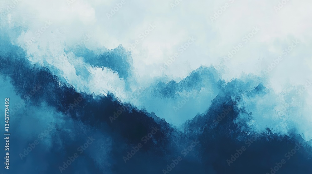 Poster Abstract depiction of blue ocean waves crashing against the shore under a cloudy sky, creating a serene atmosphere
