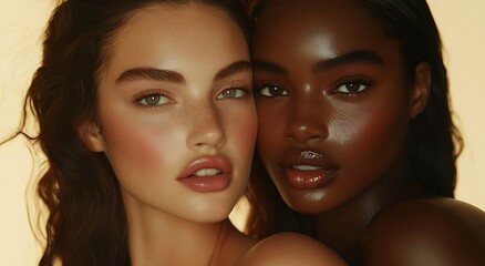 Two models with dark skin and brown hair pose together against a light beige background, showcasing beauty products with flawless skin and natural makeup in a high-resolution portrait.