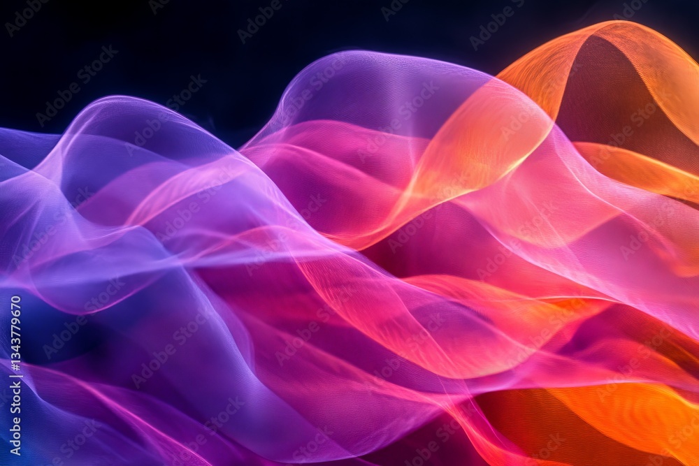 Poster Colorful flowing waves of translucent fabric create a dynamic visual effect against a dark background