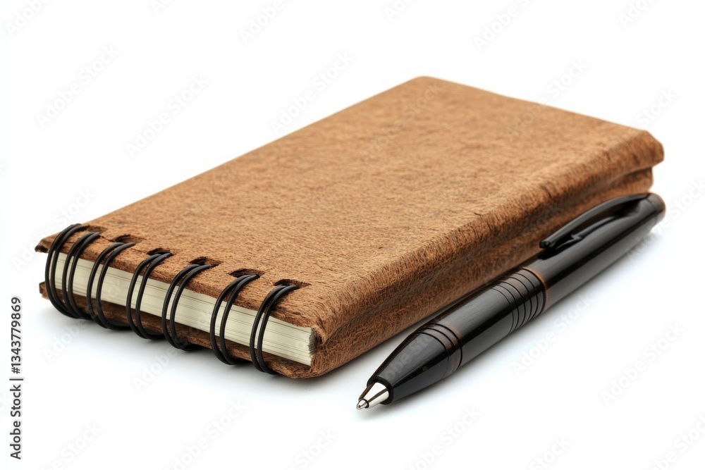 Poster Brown notebook and black pen resting on a white surface with a focus on creativity and organization for writing projects