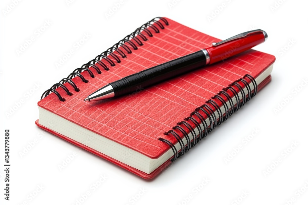 Poster bright red notebook with a black pen resting on top on a white background for creative writing or no
