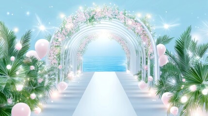 Elegant oceanfront floral arch with balloons for a retirement celebration
