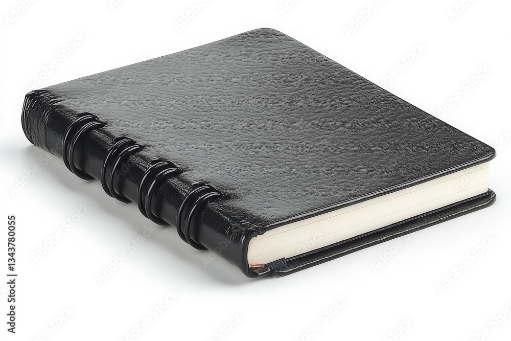 Poster classic black leather-bound journal featuring a textured cover and elegant binding for creative writ