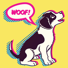 Pop Art Style Puppy with Bright Colors and Comic Speech Bubble