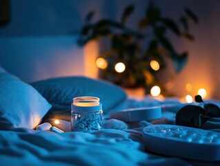 Relaxing bedtime routine with magnesium supplements, sleep mask, and calming blue light reduction techniques