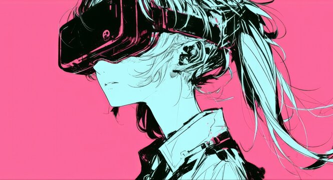 Young woman with long hair wearing virtual reality headset against vibrant pink background, engaging in immersive technology experience and digital exploration