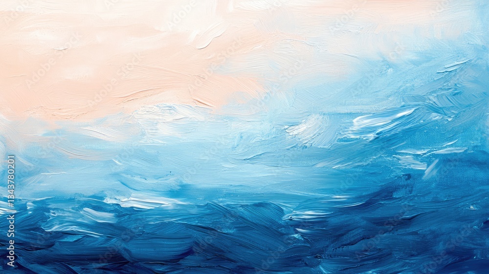 Poster abstract ocean waves painting with soft pastel sky, evoking calmness and serenity in a tranquil sett