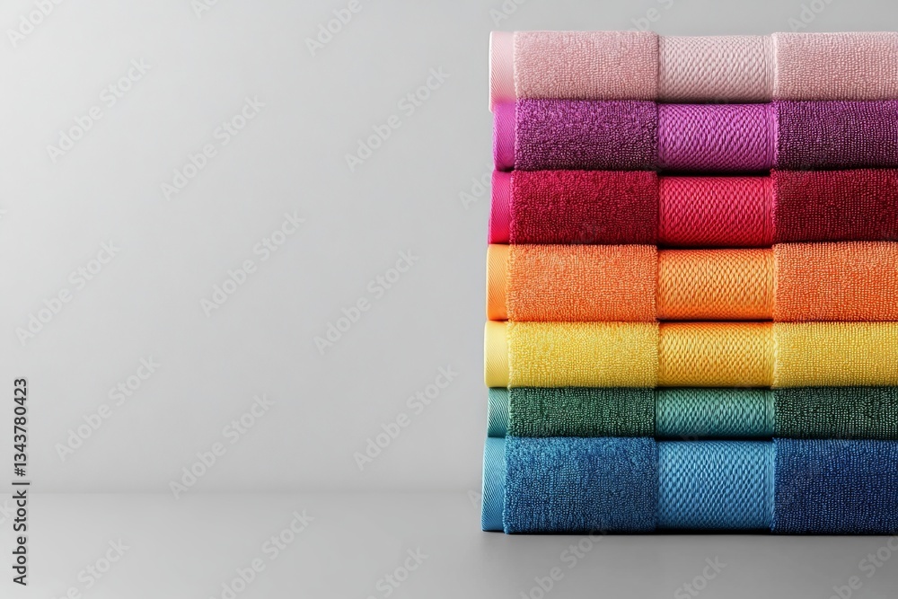 Poster colorful stacked towels arranged in a gradient pattern showcasing various shades in a contemporary s