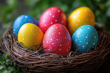 A festive Easter display featuring chaotic holiday decorations with oranges and apples.