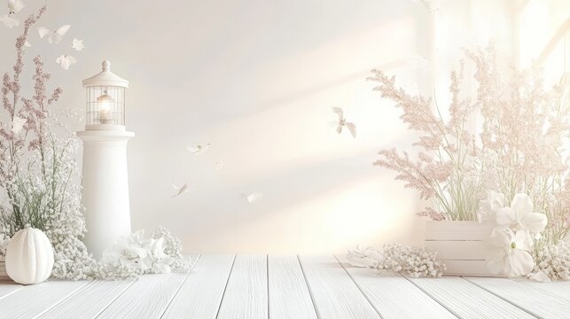 Elegant Wedding Backdrop Featuring a Seaside Lighthouse and Floral Arrangement