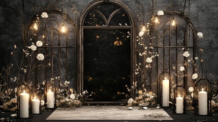 Elegant wedding backdrop with candles, floral decor, and rustic window frames