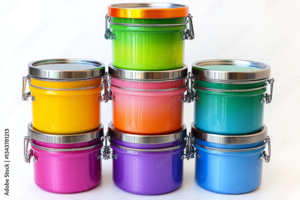Poster brightly colored paint containers arranged creatively on a white background inviting artistic inspir
