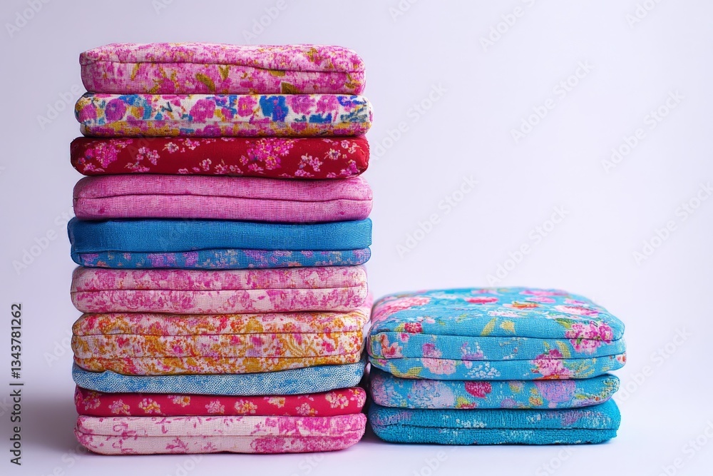 Aufkleber colorful fabric stacks arranged neatly on a light surface showcasing floral patterns and vibrant hue