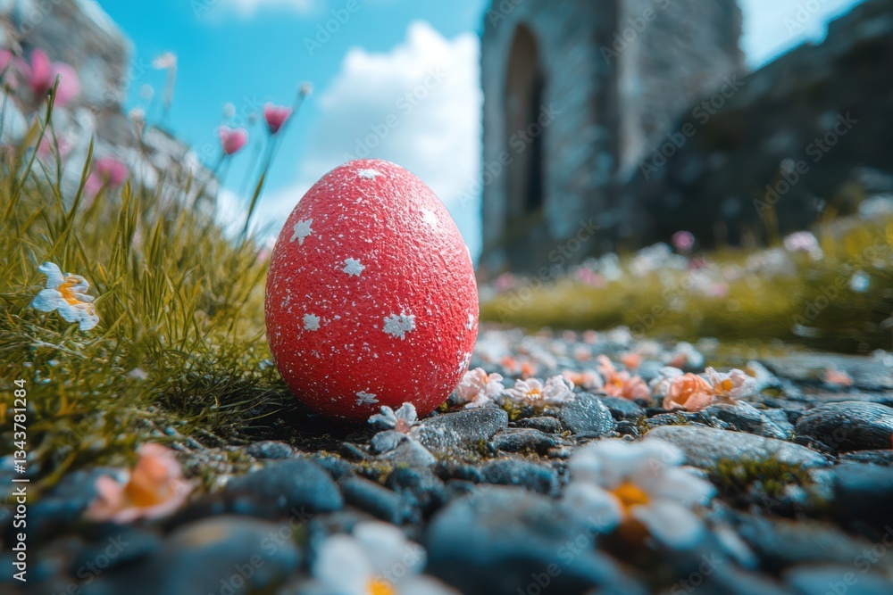 Poster an apple is visually recognized in the chaotic scene, possibly related to easter; identified using y