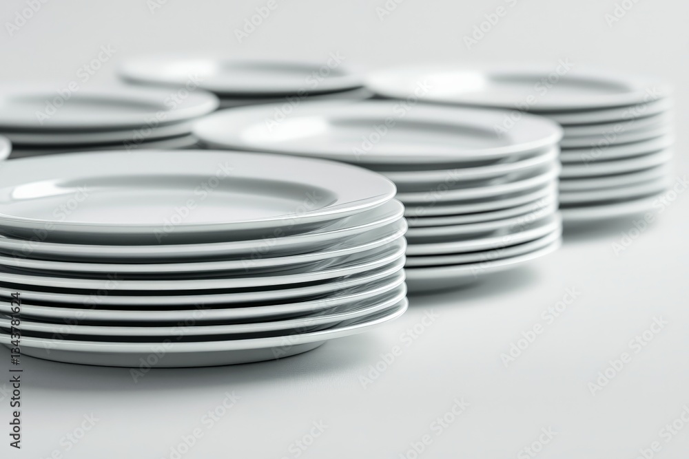 Poster stacked white plates arranged neatly on a table in a kitchen setting for an elegant dining experienc