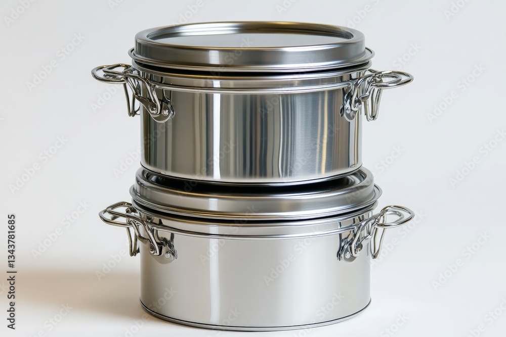 Poster stacked stainless steel containers displaying a shiny finish and secured clasps in a minimalistic se