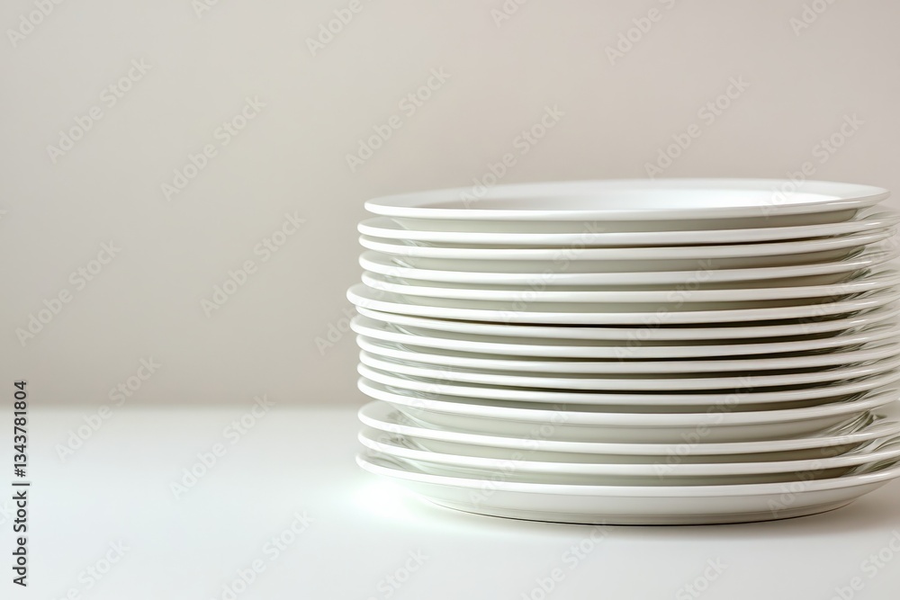 Fototapete stack of white ceramic plates arranged neatly on a clean surface in a simple kitchen setting during 