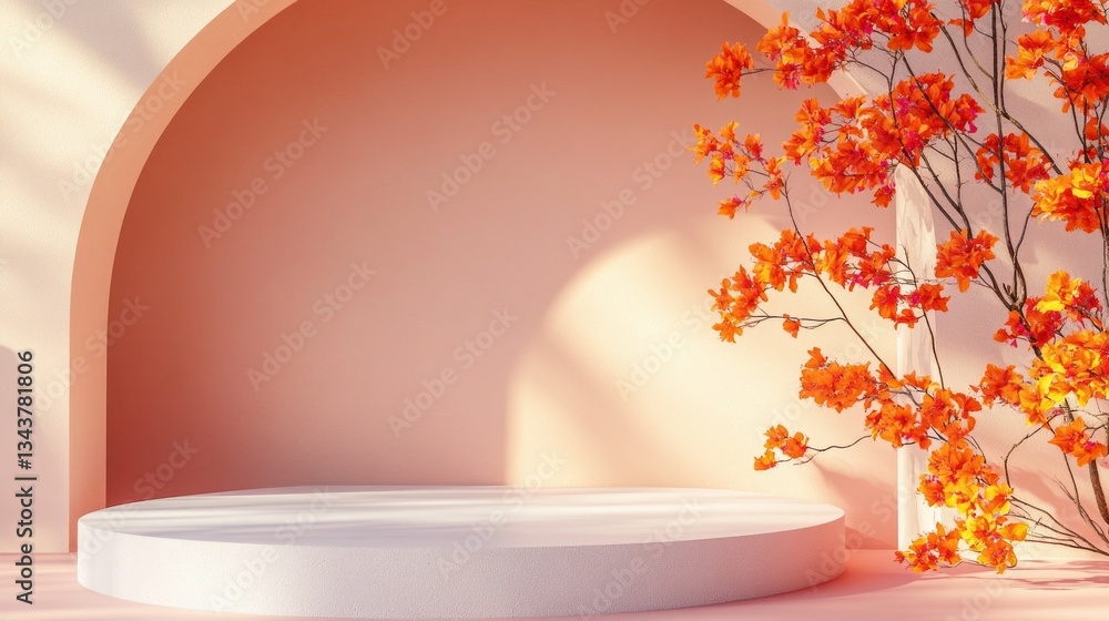 Aufkleber this serene space showcases a minimalist circular platform surrounded by a charming arrangement of o