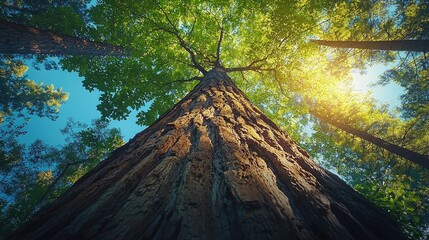 Majestic tall tree reaching for the sky with sunlight filtering through leaves