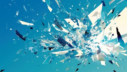 Obraz premium Abstract Explosion of Geometric Shapes in Vibrant Blue Sky, Creative Design for Backgrounds and Digital Art Projects, Modern Aesthetic and Dynamic Energy
