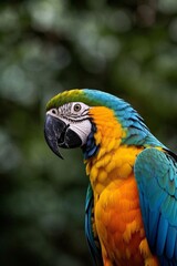 Fototapeta premium brightly colored parrot sitting on a branch with trees in the background