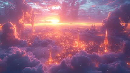 Abstract holy city floating above clouds, with glowing light and divine ambiance  