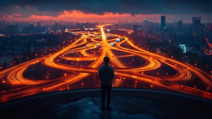 Man stands overlooking vibrant city skyline with complex highway system