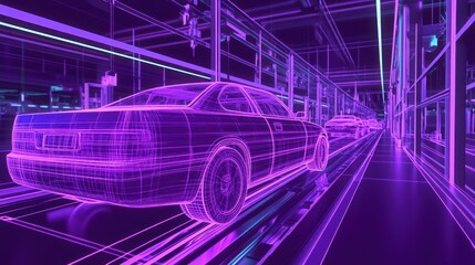 A futuristic, wireframe depiction of cars in a high-tech industrial setting.