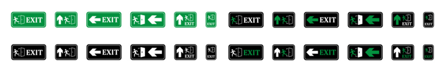 Emergency exit green board icons. Exit symbols on green and black safety boards