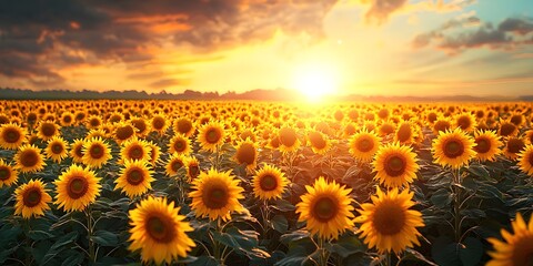 Obraz premium Vibrant Sunflower Field Under a Beautiful Sunset Sky