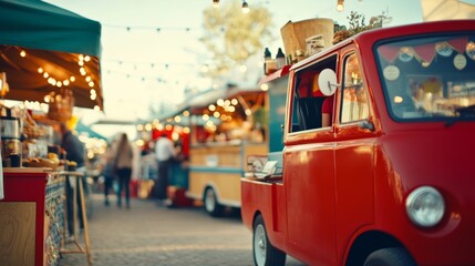 Obraz premium Festive atmosphere at a vibrant street food fair with food trucks and twinkling lights