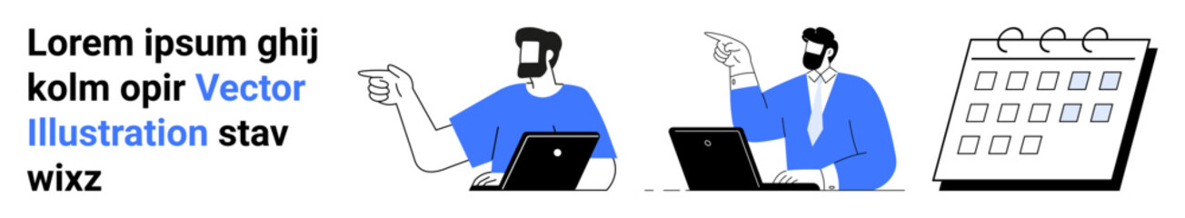 Two coworkers discuss and share ideas while working on laptops, pointing toward a calendar concept. Ideal for teamwork, planning, scheduling, project management, communication, business meetings