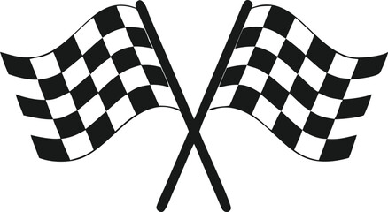two simple, black and white graphic of two crossed checkered flags, the classic symbol of a race finish.