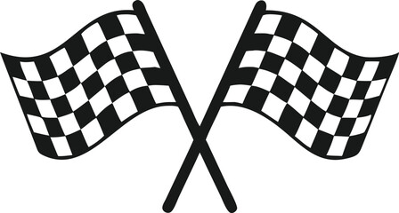 two simple, black and white graphic of two crossed checkered flags, the classic symbol of a race finish.