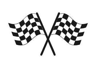 two simple, black and white graphic of two crossed checkered flags, the classic symbol of a race finish.