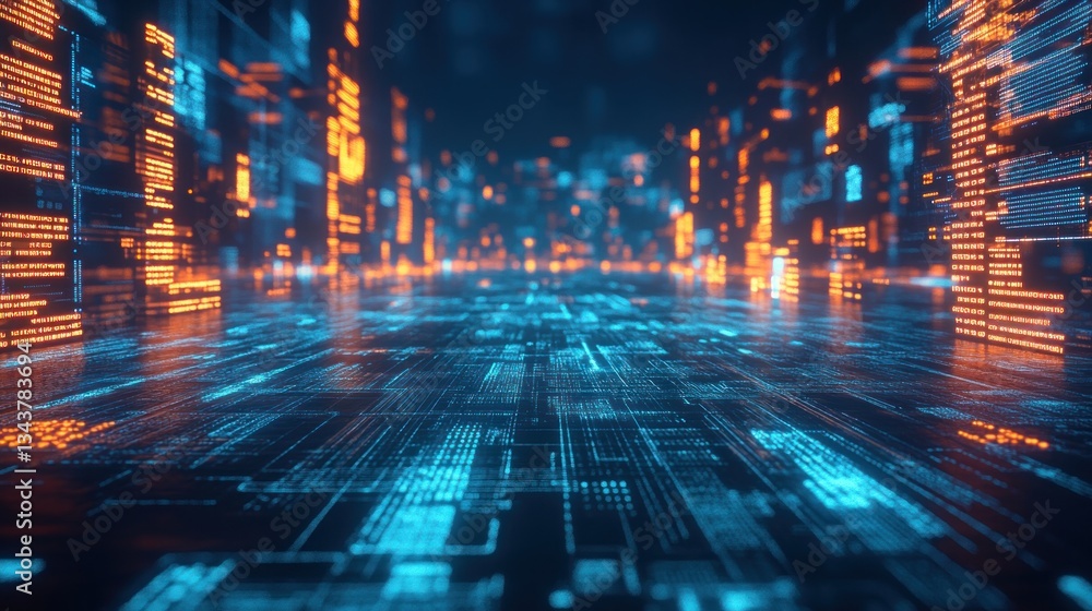 Poster digital cityscape: a futuristic vision of data streams and code