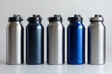 Stainless steel water bottles lined up showcasing various colors and finishes in a minimalist setting