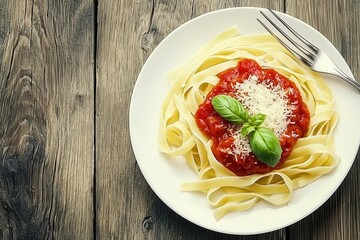 Gourmet Pasta Dish: A plate of freshly made pasta topped with rich tomato sauce, basil, and Parmesan