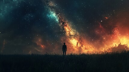 Fototapeta premium Transforming Dark Thoughts Into Light With Dramatic Cosmic Scene Featuring Stars, Nebulae, and Dark Silhouettes Highlighting Hope and Mental Resilience