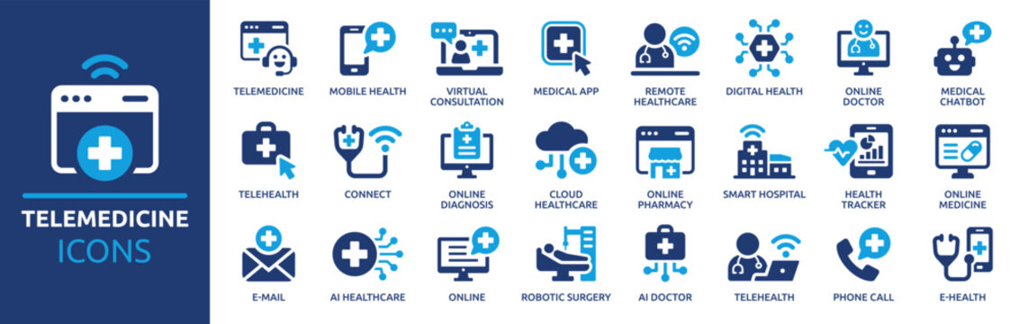 Telemedicine icon set. Containing telehealth, virtual consultation, online doctor, remote healthcare, medical app, smart hospital and more. Solid vector icons collection.