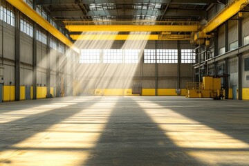 Industrial Serenity - Empty Factory Floor with Massive Machines and Sunlight Rays