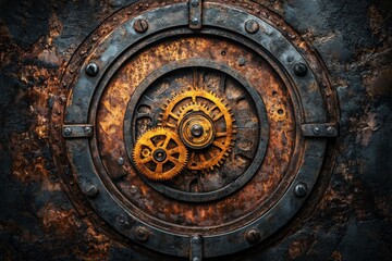 Intricate gears revealed through weathered iron surface showcasing mechanical artistry in an industrial setting