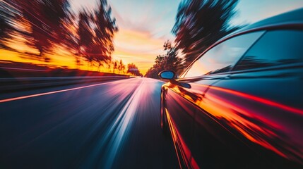 Car Speeding on Road at Sunset With Motion Blur Highlighting Energy, Dynamism, and the Freedom of Travel in a Vibrant Urban Setting