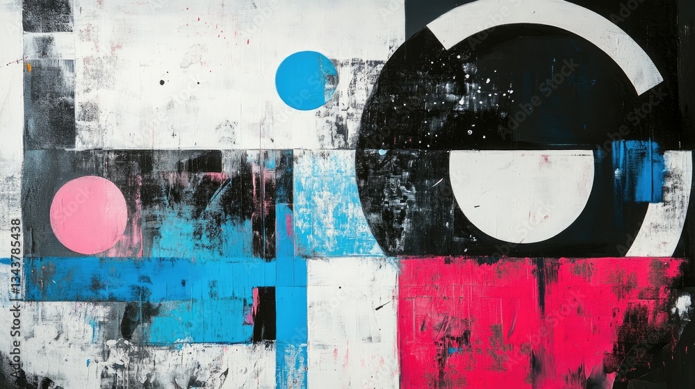 Poster abstract composition featuring geometric shapes and vibrant colors, creating a dynamic visual experi